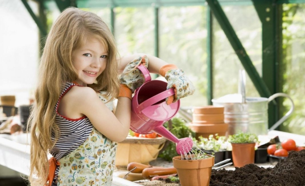 little girl watering flowers